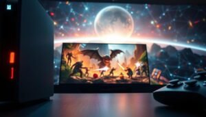 A high-tech visual representation of "Performance Impact and Optimization" in the context of 3A HDR imaging technology. In the foreground, highlight a sleek, modern gaming console with glowing LED indicators, showcasing the advanced HDR capabilities. In the middle, illustrate a vibrant gaming scene with characters battling in a richly detailed fantasy environment, enhanced by the vivid colors and dynamic lighting typical of HDR. The background features a digital landscape with abstract geometric patterns symbolizing data flow and optimization processes. Use dramatic lighting to create a sense of depth, employing a low angle shot for a powerful perspective. The atmosphere should be energetic and innovative, reflecting the cutting-edge nature of 3A technology and its impact on gaming experiences.
