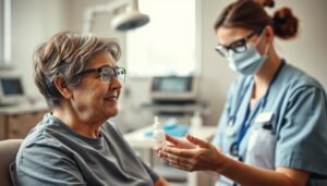 A patient recovering from cataract surgery sits in a softly lit, sterile clinic room, with a gentle focus on their eyes, showcasing protective eyewear and a reassuring expression. In the foreground, a nurse, dressed in professional scrubs and a mask, demonstrates proper post-operative eye care techniques, such as using a clean cloth and sterilized water for washing face and hair. In the middle ground, a table displays essential care items like eye drops and protective eyewear, while a soothing color palette enhances the calm atmosphere. The background features blurred medical equipment and a window with soft daylight filtering in, conveying a serene and supportive environment. The overall mood is one of care, precision, and attentiveness, highlighting the importance of post-surgery observation.