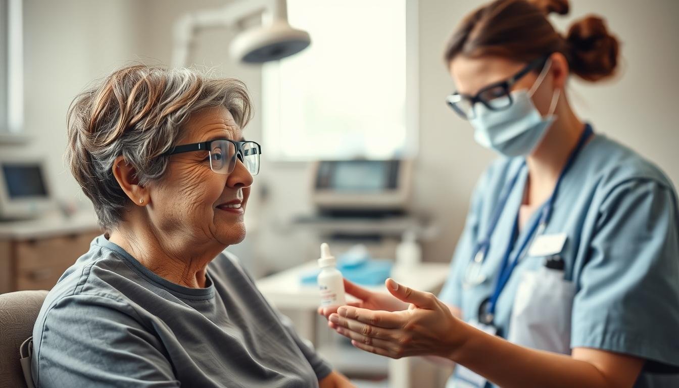 A patient recovering from cataract surgery sits in a softly lit, sterile clinic room, with a gentle focus on their eyes, showcasing protective eyewear and a reassuring expression. In the foreground, a nurse, dressed in professional scrubs and a mask, demonstrates proper post-operative eye care techniques, such as using a clean cloth and sterilized water for washing face and hair. In the middle ground, a table displays essential care items like eye drops and protective eyewear, while a soothing color palette enhances the calm atmosphere. The background features blurred medical equipment and a window with soft daylight filtering in, conveying a serene and supportive environment. The overall mood is one of care, precision, and attentiveness, highlighting the importance of post-surgery observation.