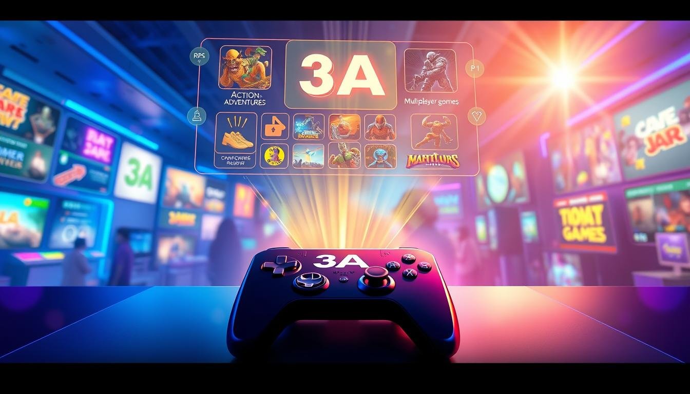 A vibrant and engaging digital illustration of an interactive 3A gaming platform showcasing various types of entertainment games. In the foreground, a sleek, modern gaming console adorned with the 3A logo, alongside a controller, radiates a digital glow. In the middle, a holographic display of popular game genres – RPGs, action-adventures, and multiplayer games – floats above, featuring colorful, animated icons. The background features a lively gaming environment with soft blue and purple ambient lighting, creating a dynamic atmosphere. The scene is viewed from a slight angle to emphasize depth, with subtle lens flares adding a magical touch. The mood conveys excitement and innovation, perfect for illustrating the concept of a modern entertainment city centered around healthy gaming practices.