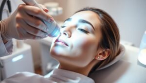 A close-up view of a professional skincare treatment room, featuring a dermatologist administering a laser treatment on a patient's face. The patient appears relaxed and comfortable, wearing a light treatment gown, with a soothing atmosphere enhanced by soft, indirect lighting. The focus is on the laser device emitting a gentle beam of light, highlighting the pulse technology and the interaction with the skin's surface. In the background, subtle medical equipment and calming decor create a sense of professionalism and care. The overall mood is serene and clinical, emphasizing the effectiveness of the laser treatment in breaking down stubborn pigmentation, with a soft focus on the treatment area depicting the skin’s improvement post-procedure.