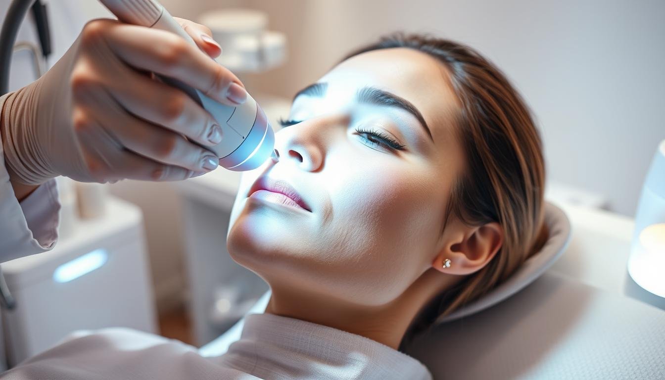 A close-up view of a professional skincare treatment room, featuring a dermatologist administering a laser treatment on a patient's face. The patient appears relaxed and comfortable, wearing a light treatment gown, with a soothing atmosphere enhanced by soft, indirect lighting. The focus is on the laser device emitting a gentle beam of light, highlighting the pulse technology and the interaction with the skin's surface. In the background, subtle medical equipment and calming decor create a sense of professionalism and care. The overall mood is serene and clinical, emphasizing the effectiveness of the laser treatment in breaking down stubborn pigmentation, with a soft focus on the treatment area depicting the skin’s improvement post-procedure.