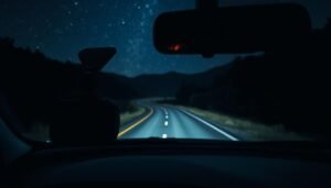 A high-quality dashcam mounted inside a car, showcasing its performance in a completely dark, rural mountain road environment. The foreground features the sleek design of the dashcam, illuminated by faint reflections from the car's interior lights. In the middle ground, the unlit, winding mountain road stretches into the distance, revealing subtle details and textures of the dark surroundings captured by the dashcam’s star-light night vision sensor. The background depicts dense trees and shadowy hills under a starry night sky, creating a serene yet mysterious atmosphere. Use low key lighting to emphasize the contrast between the camera’s clear image and the surrounding darkness, capturing the essence of night-time driving safety. Lens angle should be wide to incorporate the dashboard view and the road ahead, enhancing the realism of the scene.