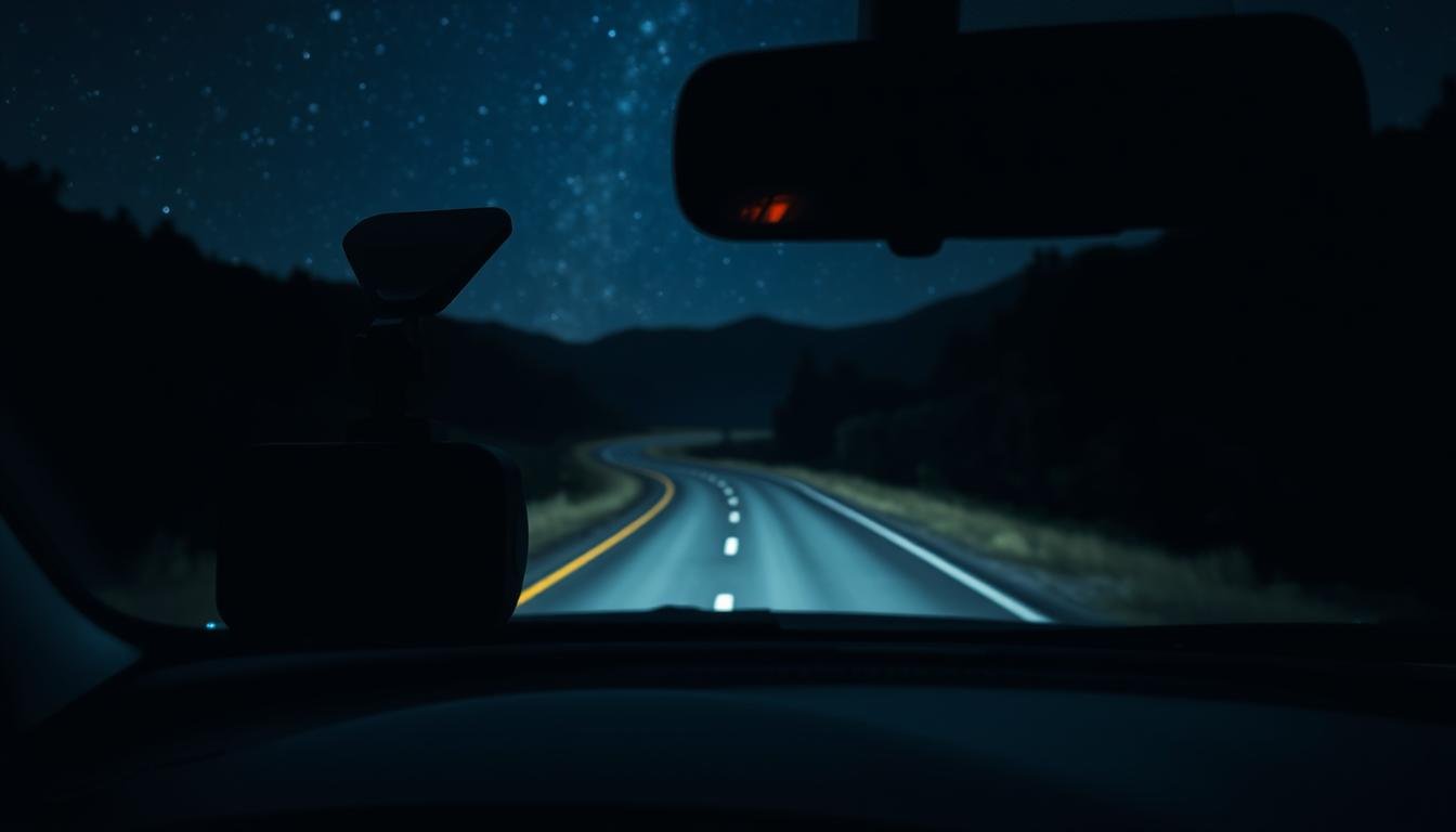 A high-quality dashcam mounted inside a car, showcasing its performance in a completely dark, rural mountain road environment. The foreground features the sleek design of the dashcam, illuminated by faint reflections from the car's interior lights. In the middle ground, the unlit, winding mountain road stretches into the distance, revealing subtle details and textures of the dark surroundings captured by the dashcam’s star-light night vision sensor. The background depicts dense trees and shadowy hills under a starry night sky, creating a serene yet mysterious atmosphere. Use low key lighting to emphasize the contrast between the camera’s clear image and the surrounding darkness, capturing the essence of night-time driving safety. Lens angle should be wide to incorporate the dashboard view and the road ahead, enhancing the realism of the scene.