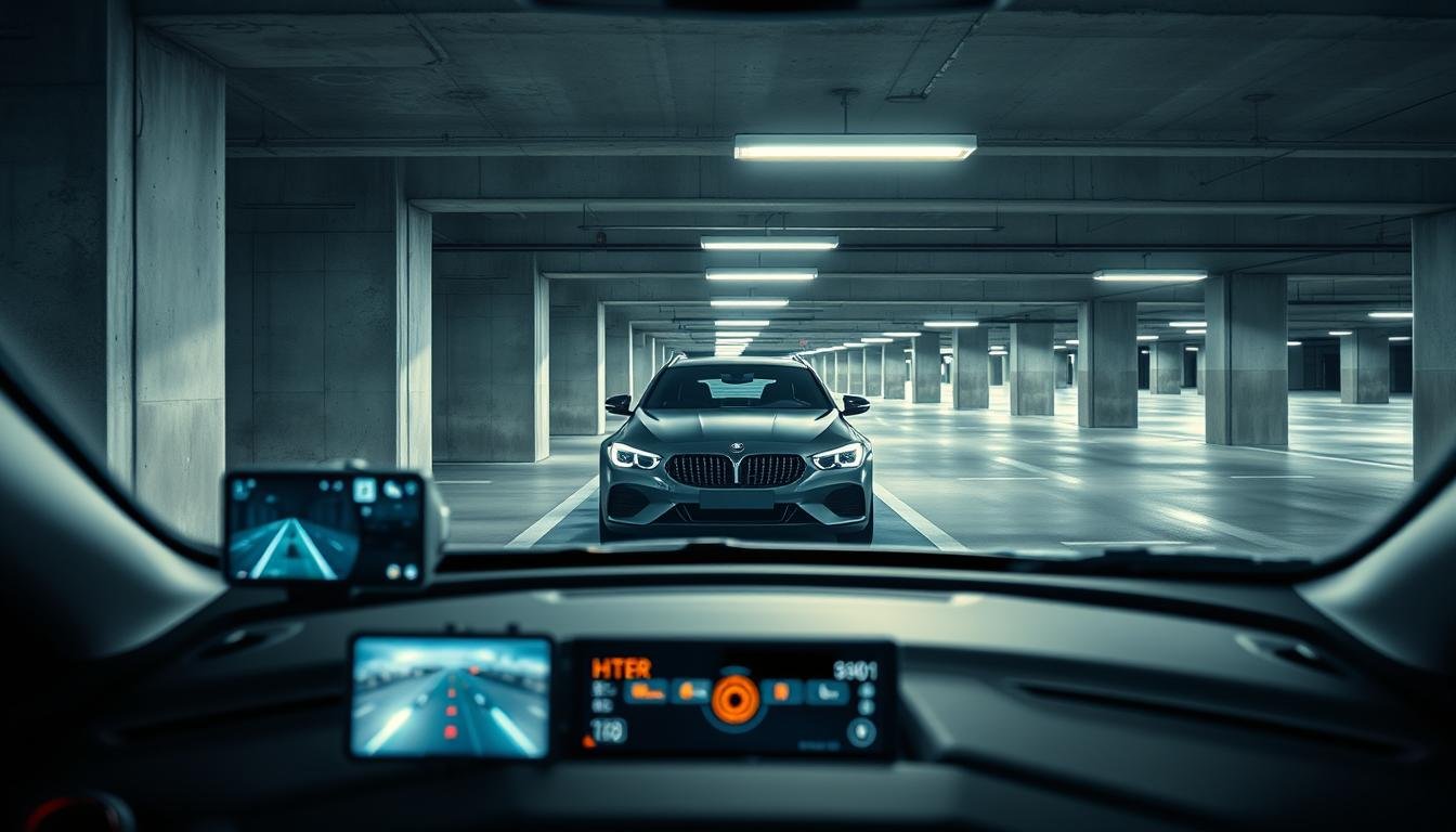 A high-tech car dashboard view showcasing a car's dashboard camera in an underground parking garage. In the foreground, the dashboard camera displays its HDR capabilities with bright screens showing clear imagery details. The middle layer features a sleek modern car parked in a well-lit section of the subterranean garage, with concrete walls and strategic lighting that emphasizes the tech features. The background reveals a vivid perspective of multiple parking spaces, illuminated by bright overhead lights that create a contrast against the dim surroundings. The overall atmosphere should feel professional and tech-savvy, highlighting performance and clarity in a potentially glare-prone environment, with a focus on smooth lighting transitions.