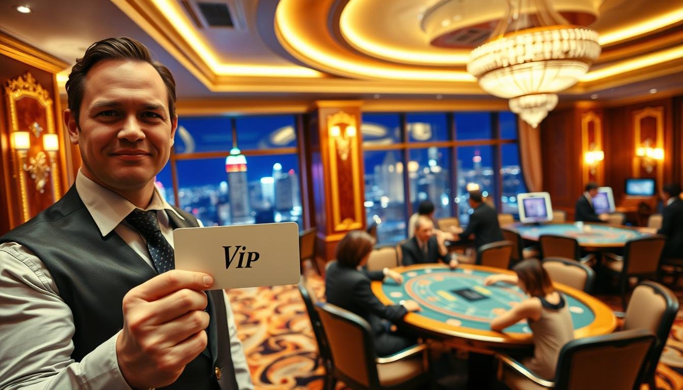 A luxurious VIP lounge within a high-end casino, featuring elegant decor and rich color schemes. In the foreground, a confident individual in professional attire, holding a VIP membership card, exudes an air of exclusivity. The middle ground showcases a group of well-dressed members engaged in a high-stakes gaming table, emphasizing the lavishness of the experience. In the background, large windows reveal a vibrant city skyline at night, illuminated by neon lights, enhancing the ambiance. Soft, ambient lighting creates a warm and inviting atmosphere, highlighting the exclusivity of the VIP membership benefits. The angle is slightly elevated to capture the grandeur of the lounge, focusing on both the intimate interactions and the opulence surrounding them.