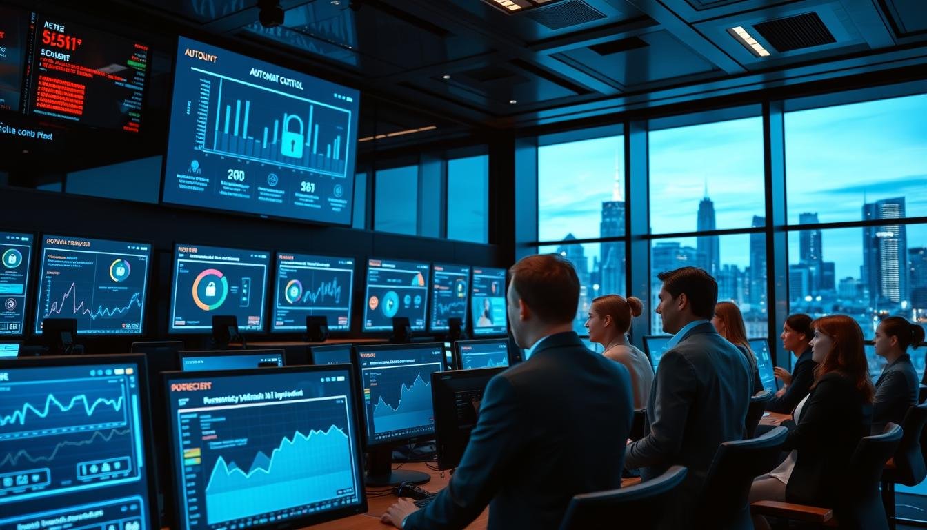 A sleek, modern control room filled with high-tech screens displaying real-time data analytics and security alerts. In the foreground, a diverse group of professionals in business attire is intently monitoring the systems, showcasing collaboration and focus. The screens glow with graphs and notifications indicating the automatic risk control process in action, with indicators for account security and login alerts prominently featured. The atmosphere is tense yet professional, illuminated by cool blue and white lighting, emphasizing technology. In the background, large transparent windows reveal a city skyline at dusk, adding depth and context to the high-tech environment, while subtle reflections create a sense of urgency and vigilance in protecting user accounts.