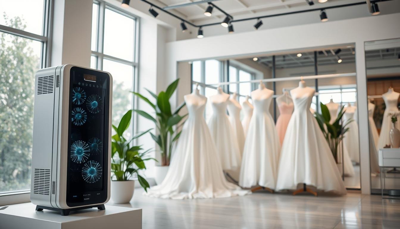A sophisticated and modern air purification system inside a Taipei bridal salon. In the foreground, showcase a sleek, advanced air filtration unit with visible components, glowing softly to indicate functionality. The middle ground features elegant bridal gowns displayed on mannequins, surrounded by lush green plants that signify freshness and air quality. The background includes clean, bright salon interiors with large windows letting in natural light. Soft, warm lighting creates an inviting atmosphere, emphasizing the stylish design of the space. Capture the essence of luxury and comfort, highlighting the salon’s commitment to air purification and cleanliness, while maintaining a professional, polished look throughout.