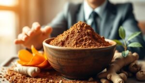 A vibrant and detailed close-up of a bowl filled with maca root powder, showcasing its rich, earthy tones. Surrounding the bowl, represent various natural ingredients known for boosting energy, like ginseng and ginger, with a soft focus on their textures. In the background, a blurred image of a person in professional business attire, with a look of vitality and focus, suggesting the benefits of maca. Soft, warm lighting enhances the warmth of the scene, creating an inviting and energizing atmosphere. The composition should evoke a sense of well-being and vitality, ideal for highlighting the importance of concentrated gelatinated maca for enhancing energy levels. Use a shallow depth of field to focus on the bowl of maca while the background hints at an active lifestyle.