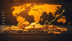 A visually compelling infographic illustrating the historical trend of gold prices per "qian." The foreground features a detailed line graph displaying fluctuating gold prices over the years, with distinct peaks depicting record highs. The middle ground incorporates symbolic gold coins and financial symbols to emphasize the theme of wealth and investment. In the background, a soft-focus image of a global map highlights major gold-producing countries, subtly conveying an international comparison. The lighting is warm and inviting, capturing the allure of gold, while an image angle that conveys a sense of upward movement reflects rising trends. The overall mood is informative yet dynamic, encouraging curiosity about gold price history. The image should be clean and professional, without any text or logos.