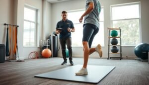 An interior physical therapy clinic focusing on knee rehabilitation. In the foreground, a physical therapist, dressed in a professional polo shirt and athletic pants, is observing a patient performing landing drills on a soft mat, emphasizing proper knee alignment and landing mechanics. The therapist holds a clipboard, marking down notes to evaluate psychological readiness and physical performance. In the middle ground, equipment like resistance bands and stability balls are arranged neatly. The background features a large window providing natural light, creating a bright and encouraging atmosphere. The image is shot from a low angle, emphasizing the active movement of the patient while capturing the supportive environment of the rehab space. The mood is focused and motivational, highlighting the importance of thorough assessment in the rehabilitation process.