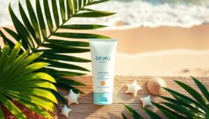 A beautifully arranged flat lay of a DR.WU sunscreen bottle surrounded by natural light. The sunscreen is prominently displayed in the foreground, showcasing its sleek, modern packaging with soft pastel colors. Surrounding the bottle, include fresh, vibrant tropical leaves and delicate seashells to evoke a beachy, ocean-friendly theme. In the middle ground, incorporate a textured wooden table surface, emphasizing a natural aesthetic. The background features a blurred ocean landscape with soft waves gently lapping at a sandy shoreline, creating a serene and inviting atmosphere. The lighting should be warm and soft, highlighting the sunscreen’s features while maintaining an overall calm and refreshing mood.