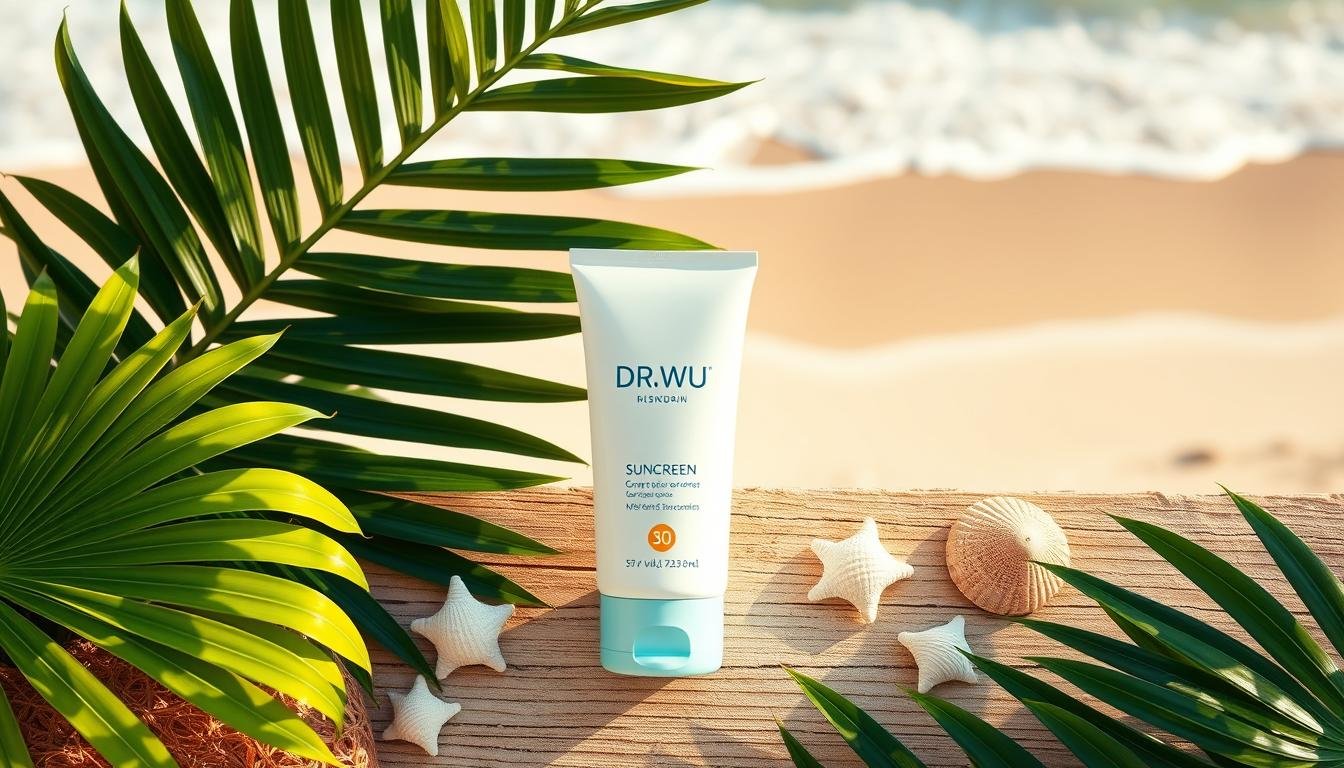 A beautifully arranged flat lay of a DR.WU sunscreen bottle surrounded by natural light. The sunscreen is prominently displayed in the foreground, showcasing its sleek, modern packaging with soft pastel colors. Surrounding the bottle, include fresh, vibrant tropical leaves and delicate seashells to evoke a beachy, ocean-friendly theme. In the middle ground, incorporate a textured wooden table surface, emphasizing a natural aesthetic. The background features a blurred ocean landscape with soft waves gently lapping at a sandy shoreline, creating a serene and inviting atmosphere. The lighting should be warm and soft, highlighting the sunscreen’s features while maintaining an overall calm and refreshing mood.