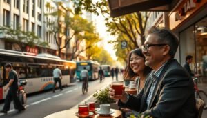 A bustling urban scene in Taichung showcasing convenient transportation options for tea enthusiasts. In the foreground, a well-dressed couple enjoys tea at an outdoor café, smiling and engaged in conversation. In the middle ground, the street exhibits various public transport options like buses and bikes, with people commuting effortlessly. The background features recognizable Taichung architecture and trees lining the street, bathed in warm, golden-hour lighting that creates a cozy, inviting atmosphere. The composition captures a harmonious blend of urban life and relaxation, evoking a sense of accessibility and comfort. Use a slightly tilted angle to enhance depth, focusing on the lively interactions between people and their surroundings, all in a 4:3 aspect ratio.