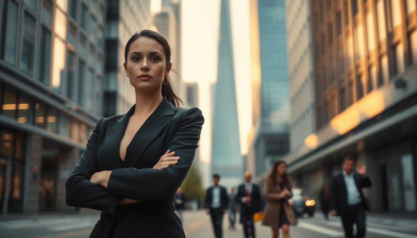 A confident female bodyguard stands in a modern urban environment, exuding professionalism and strength. In the foreground, she is wearing a fitted black suit with a subtle badge, showcasing her role with authority. Her posture is protective, with arms crossed and a determined expression, as she surveys her surroundings. In the middle ground, busy city streets blur slightly to emphasize her focus, with people in professional attire passing by, highlighting the context of security in a bustling environment. The background features a sleek skyscraper bathed in soft evening light, creating a contrast between the warmth of the setting sun and the cool, sharp lines of the architecture. The atmosphere is serious yet empowering, capturing the essence of women's roles in personal security. The camera is at eye level, shot with a 35mm lens to give a balanced perspective.