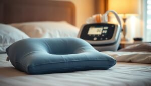 A well-designed, adjustable pillow specifically tailored for use with a sleep apnea machine, prominently displayed in the foreground. The pillow features ergonomic contours, made from memory foam, with a subtle blue cover for a soothing effect. In the middle ground, a sleek sleep apnea machine with a clear, illuminated display showcases its functionality. The background features a serene bedroom setting, softly lit with warm tones, enhancing a calm and restful atmosphere. The scene captures a close-up perspective, highlighting the pillow's height and shape in relation to the machine, emphasizing the importance of comfort in sleep technology. The overall mood is tranquil and professional, perfect for illustrating the significance of selecting the right pillow for sleep apnea users.
