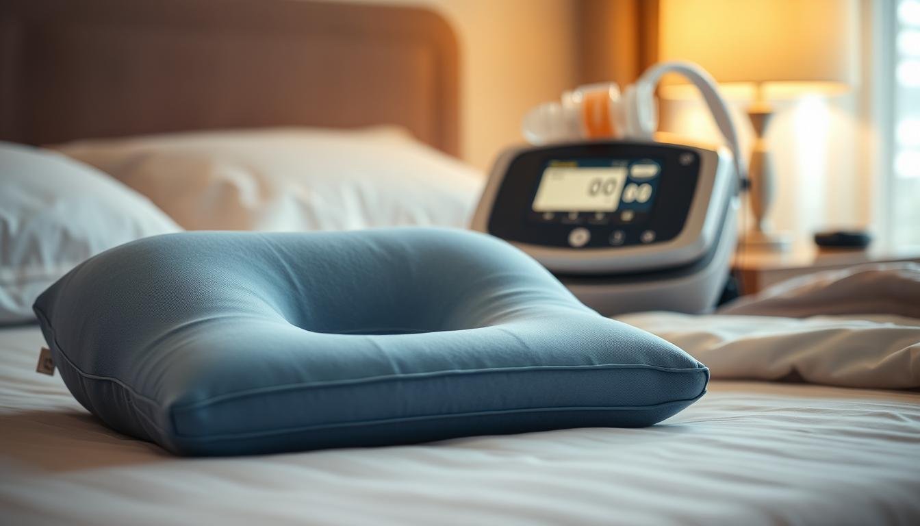 A well-designed, adjustable pillow specifically tailored for use with a sleep apnea machine, prominently displayed in the foreground. The pillow features ergonomic contours, made from memory foam, with a subtle blue cover for a soothing effect. In the middle ground, a sleek sleep apnea machine with a clear, illuminated display showcases its functionality. The background features a serene bedroom setting, softly lit with warm tones, enhancing a calm and restful atmosphere. The scene captures a close-up perspective, highlighting the pillow's height and shape in relation to the machine, emphasizing the importance of comfort in sleep technology. The overall mood is tranquil and professional, perfect for illustrating the significance of selecting the right pillow for sleep apnea users.
