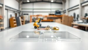 Flat polycarbonate sheets arranged neatly on a clean, bright workbench in a modern workshop. The foreground features two or three sheets showcasing their clarity and durability, with light reflecting off their smooth surfaces. In the middle, a subtle display of tools like a cutting saw and measuring tape highlights their practical applications. The background is softly blurred industrial space, filled with bright, even lighting to emphasize the sheets' properties without distractions. Capture the mood of innovation and practicality, suggesting a focus on clarity and performance. Use a wide-angle lens perspective to give a sense of depth and showcase the versatility of flat polycarbonate sheets, ensuring no people or text are included in the composition.