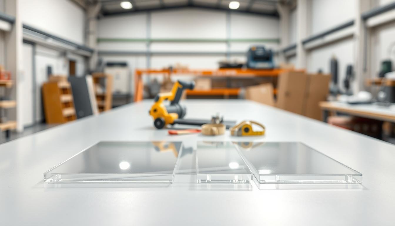 Flat polycarbonate sheets arranged neatly on a clean, bright workbench in a modern workshop. The foreground features two or three sheets showcasing their clarity and durability, with light reflecting off their smooth surfaces. In the middle, a subtle display of tools like a cutting saw and measuring tape highlights their practical applications. The background is softly blurred industrial space, filled with bright, even lighting to emphasize the sheets' properties without distractions. Capture the mood of innovation and practicality, suggesting a focus on clarity and performance. Use a wide-angle lens perspective to give a sense of depth and showcase the versatility of flat polycarbonate sheets, ensuring no people or text are included in the composition.