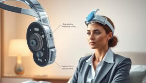 A detailed illustration showcasing the design principles of a sleep apnea machine, focusing on the importance of headband adjustment. The foreground features a close-up of the sleep apnea machine with intricate components and an adjustable headband, illustrating its functionality and various adjustment points. In the middle ground, a model is calmly demonstrating the proper fit of the headband, wearing professional business attire, with a serene expression to reflect comfort and ease. The background includes a softly lit room, suggesting a cozy bedroom environment, enhancing the atmosphere of relaxation and sleep health. Use soft, diffused lighting to create a warm, inviting feeling, captured from a slightly elevated angle to emphasize the headband's adjustability while keeping essential details in focus.