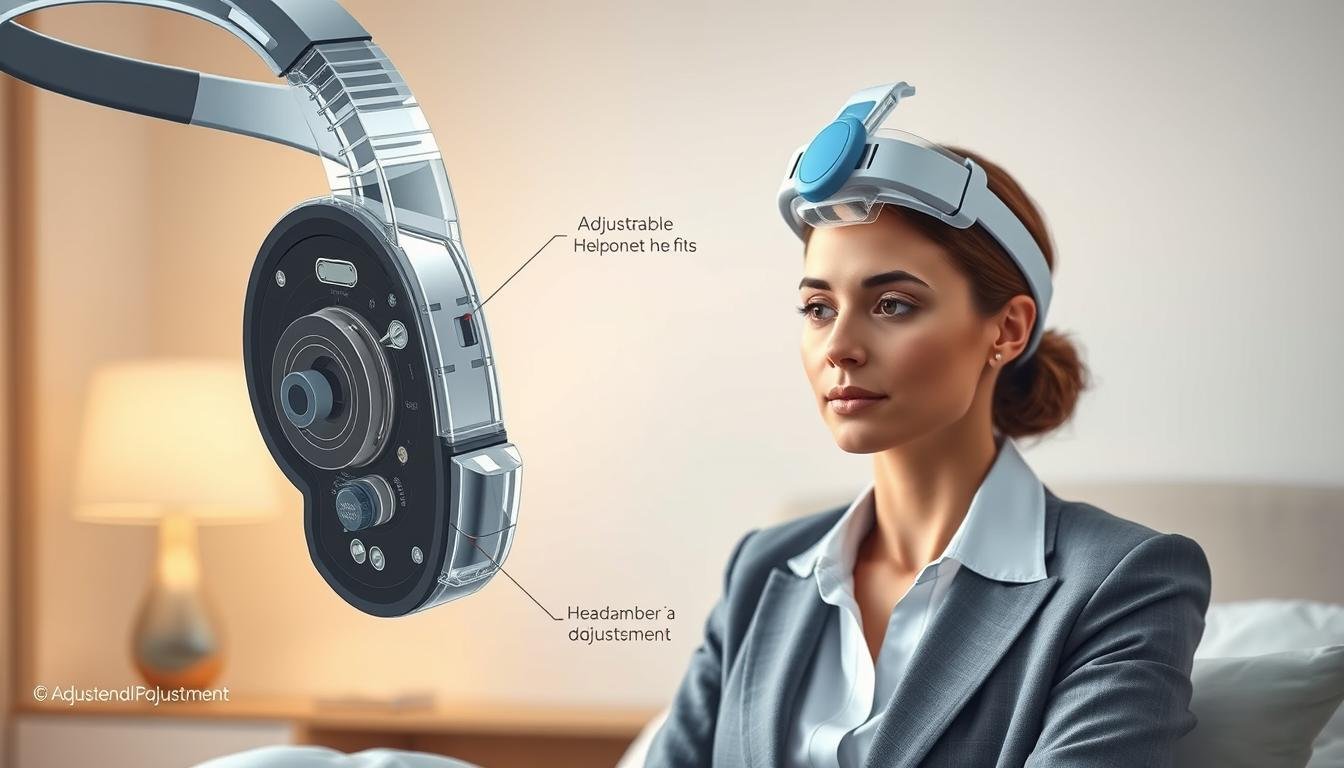 A detailed illustration showcasing the design principles of a sleep apnea machine, focusing on the importance of headband adjustment. The foreground features a close-up of the sleep apnea machine with intricate components and an adjustable headband, illustrating its functionality and various adjustment points. In the middle ground, a model is calmly demonstrating the proper fit of the headband, wearing professional business attire, with a serene expression to reflect comfort and ease. The background includes a softly lit room, suggesting a cozy bedroom environment, enhancing the atmosphere of relaxation and sleep health. Use soft, diffused lighting to create a warm, inviting feeling, captured from a slightly elevated angle to emphasize the headband's adjustability while keeping essential details in focus.