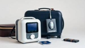 A high-quality studio photograph of a compact, portable travel CPAP machine placed next to a sleek carry-on suitcase and a passport, emphasizing its small size and portability for international travel, professional lighting, clean background.