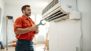 A professional technician wearing a work uniform is examining a dripping air conditioning unit inside a residential building. In the foreground, focus on the technician holding a wrench, looking at the bottom pan of the air conditioner where droplets of water are pooling. In the middle, capture the air conditioning unit mounted on the wall, with water visibly dripping down. The surroundings include household items like a ladder and tools scattered on the floor. In the background, soft natural light filters through a nearby window, creating a calm yet focused atmosphere. The image should convey a sense of technical expertise and the urgency of home maintenance, with a clear emphasis on the air conditioning unit’s components.