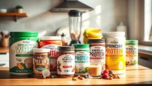 A vibrant, colorful assortment of various American protein powders displayed on a wooden kitchen counter. In the foreground, highlight several containers of different types of protein supplements, such as whey, plant-based, and casein, each with distinct packaging designs showcasing their flavors. In the middle background, include a measuring scoop and a blender next to fresh fruits like bananas, berries, and almonds, conveying a health-conscious lifestyle. Soft, natural lighting streams in from a window, illuminating the scene and casting gentle shadows. The atmosphere is warm and inviting, evoking a sense of wellness and nutrition, ideal for health enthusiasts exploring protein supplement options.