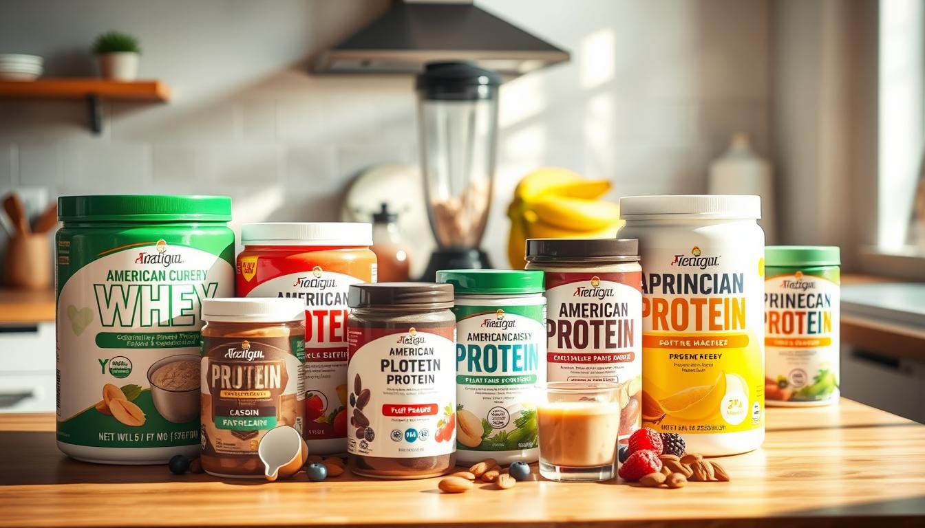A vibrant, colorful assortment of various American protein powders displayed on a wooden kitchen counter. In the foreground, highlight several containers of different types of protein supplements, such as whey, plant-based, and casein, each with distinct packaging designs showcasing their flavors. In the middle background, include a measuring scoop and a blender next to fresh fruits like bananas, berries, and almonds, conveying a health-conscious lifestyle. Soft, natural lighting streams in from a window, illuminating the scene and casting gentle shadows. The atmosphere is warm and inviting, evoking a sense of wellness and nutrition, ideal for health enthusiasts exploring protein supplement options.