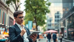 A visually engaging representation of the differences between personal shopper services, platform-based shopping, and corporate procurement in a modern urban setting. In the foreground, depict a professional-looking individual in business attire, thoughtfully browsing a digital device, with a focused expression. In the middle ground, show a bustling street market with various shopping platforms represented by colorful banners or kiosks. In the background, illustrate a sleek, contemporary office building to signify corporate services. Soft, natural lighting creates an inviting atmosphere, with a shallow depth of field focusing on the individual while the background remains slightly blurred. The overall mood is informative and professional, suitable for illustrating nuanced discussions on shopping options.