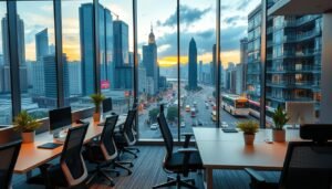 A modern office space in Hong Kong, showcasing a stylish and professional environment. In the foreground, sleek desks with high-end ergonomic chairs are arranged for a collaborative workspace, adorned with potted plants. The middle ground features large windows with panoramic views of the bustling cityscape, showcasing nearby skyscrapers and vibrant streets filled with transport options like buses and trams. The background captures the essence of Hong Kong’s skyline, under a warm, inviting glow as the sun sets. The overall atmosphere is energetic yet conducive to productivity, reflecting the importance of office facilities and transportation convenience in the city's rental market. The image is well-lit, emphasizing the modern design and professionalism of the workspace.