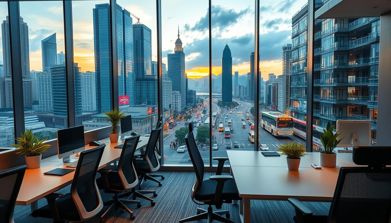 A modern office space in Hong Kong, showcasing a stylish and professional environment. In the foreground, sleek desks with high-end ergonomic chairs are arranged for a collaborative workspace, adorned with potted plants. The middle ground features large windows with panoramic views of the bustling cityscape, showcasing nearby skyscrapers and vibrant streets filled with transport options like buses and trams. The background captures the essence of Hong Kong’s skyline, under a warm, inviting glow as the sun sets. The overall atmosphere is energetic yet conducive to productivity, reflecting the importance of office facilities and transportation convenience in the city's rental market. The image is well-lit, emphasizing the modern design and professionalism of the workspace.