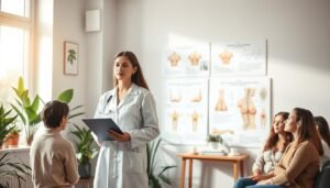 A serene and informative setup showcasing effective breast enhancement methods. In the foreground, a professional female consultant in a lab coat, standing confidently with a clipboard, explaining techniques to a small group of attentive women in modest casual clothing. The middle area features anatomical diagrams and illustrations of acupuncture points and gland structures relevant to non-surgical enhancement techniques. The background displays a softly lit clinic environment filled with plants and calming decor, inviting a sense of tranquility and professionalism. Natural lighting streaming through a large window enhances the atmosphere, conveying hope and empowerment. The composition should evoke a sense of trust, knowledge, and the possibility of natural beauty enhancement.