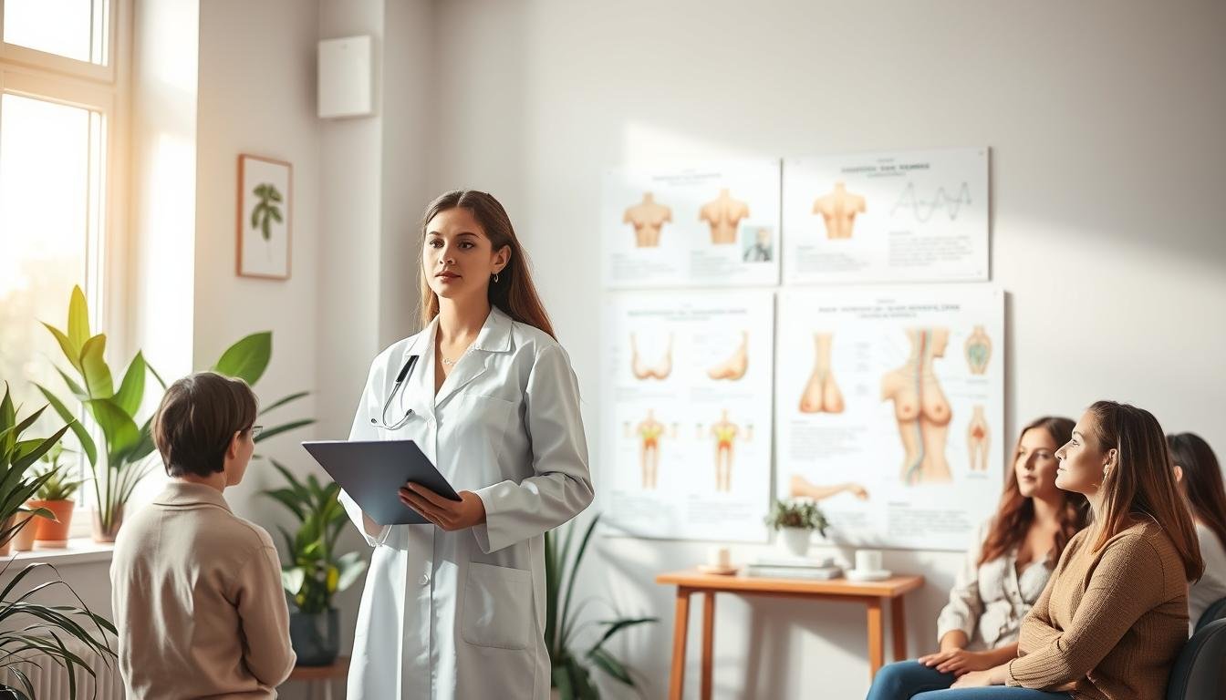 A serene and informative setup showcasing effective breast enhancement methods. In the foreground, a professional female consultant in a lab coat, standing confidently with a clipboard, explaining techniques to a small group of attentive women in modest casual clothing. The middle area features anatomical diagrams and illustrations of acupuncture points and gland structures relevant to non-surgical enhancement techniques. The background displays a softly lit clinic environment filled with plants and calming decor, inviting a sense of tranquility and professionalism. Natural lighting streaming through a large window enhances the atmosphere, conveying hope and empowerment. The composition should evoke a sense of trust, knowledge, and the possibility of natural beauty enhancement.