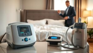 A serene home healthcare setting featuring a sleep apnea machine and a ventilator placed on a bedside table. In the foreground, focus on a soft, gently illuminated bedroom with calming colors, emphasizing the machines' sleek designs and control interfaces. In the middle, a cozy bed with plush pillows and a medical professional in smart casual attire checking and adjusting the machines, showcasing their usability and safety features. In the background, a window with curtains allowing soft natural light to filter in, enhancing a warm, inviting atmosphere. The image should evoke a sense of comfort, reliability, and modern healthcare innovation, with a shallow depth of field highlighting the machines.