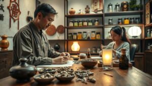 A serene, traditional Chinese medicine clinic setting, focused on eczema treatment. In the foreground, an experienced practitioner, dressed in professional attire, is consulting with a patient, who shows signs of mild eczema on their skin. The practitioner is examining herbal ingredients on a wooden table, which include dried herbs and medicinal oils, with traditional Chinese medicine tools around. The middle ground features various acupuncture needles and a softly glowing lamp, creating a warm and inviting atmosphere. The background shows shelves lined with jars containing herbal remedies, alongside decorative Chinese motifs. The lighting is soft and calming, inviting tranquility and healing, embodying the essence of traditional medicine in addressing eczema.